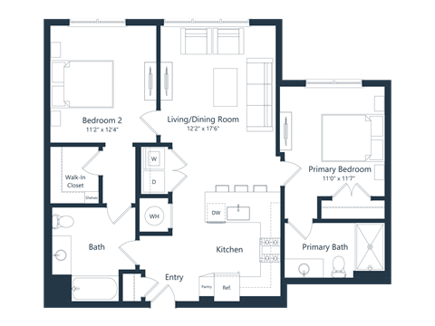 Floor plan for 2 beds, 2 baths, 986 sqft